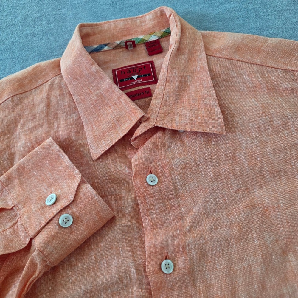 Haupt Germany Mens Orange 100% Linen Modern Fit Long Sleeve Button Down Shirt L